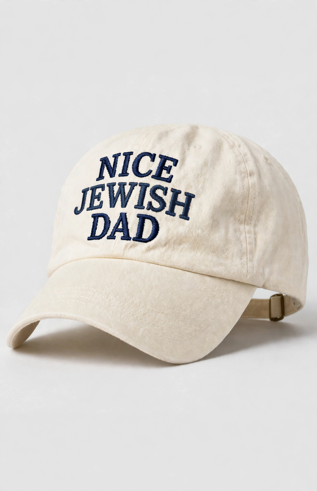 Cream dad hat embroidered with NICE JEWISH DAD in navy